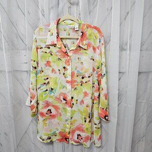 Kim Rogers Pink Green Floral Watercolor Semi-Sheer Button-Down Blouse 22W